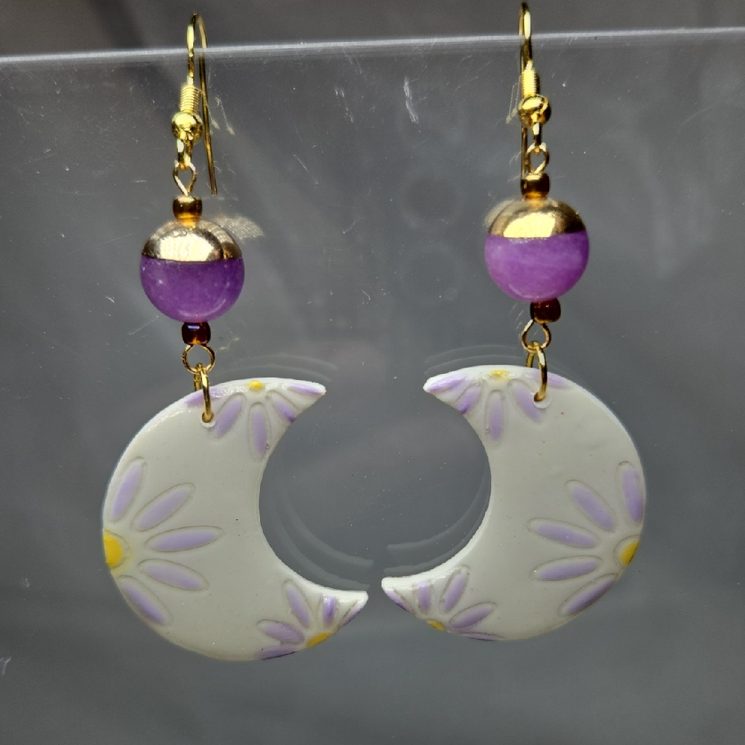 #B244- Daisy Crescent Earrings With Purple And Gold Accents With Jasper Beads